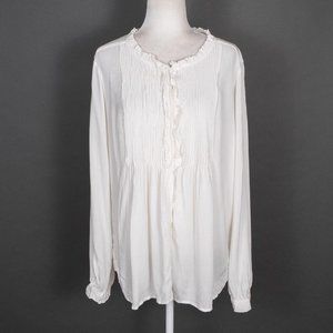 NWT Sundance Pleated Ruffle Ivory Button Up Long Sleeve Blouse SZ L